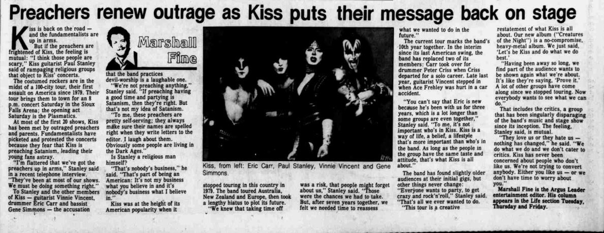 newspaper article titled preachers renew outrage as kiss puts their message back on stage