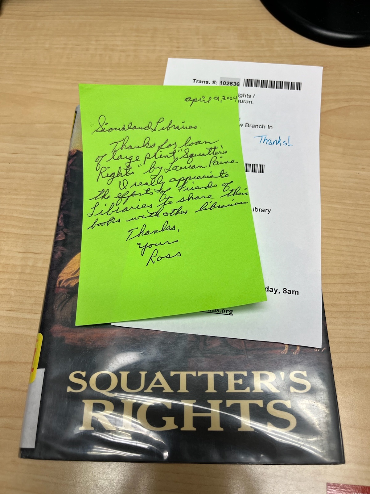Handwritten thank-you note from an out-of-state library user