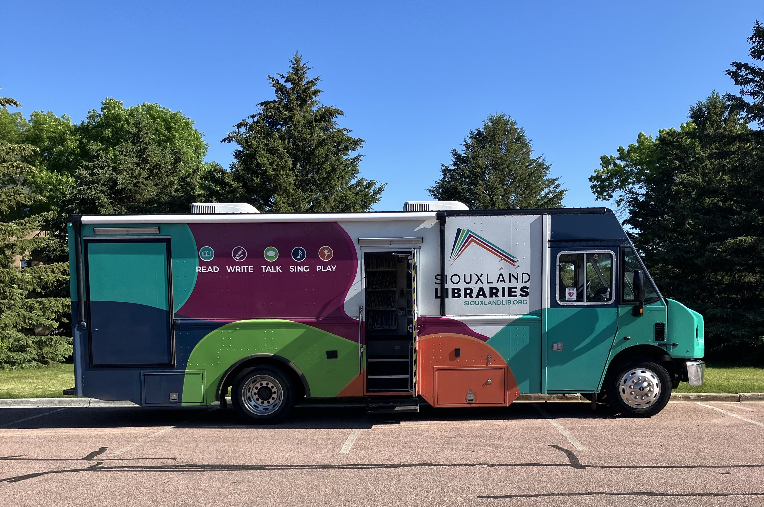 Our current Bookmobile, painted in Siouxland Libraries colors