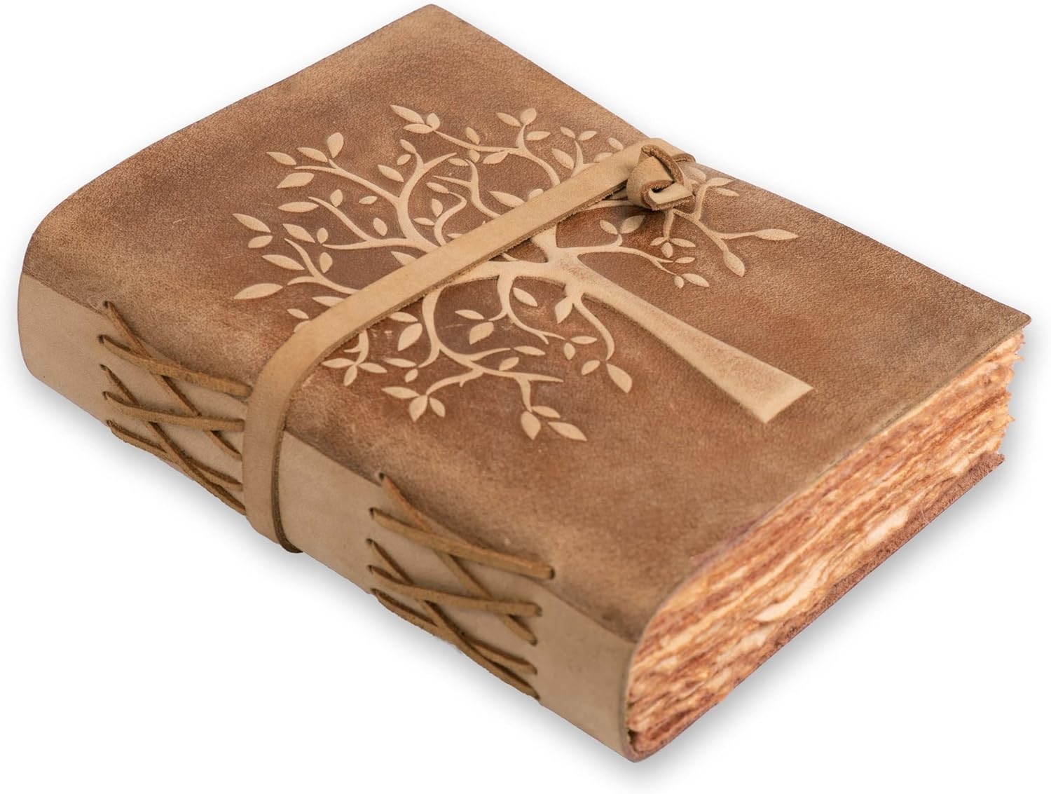 leather journal with a tree on the cover